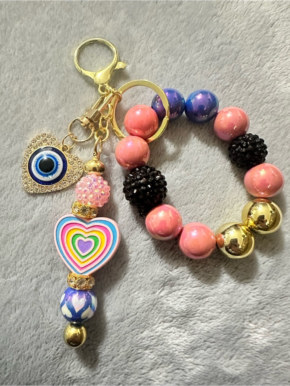 Pink, Blue, Black & Gold Beaded Keychain and Wristlet with Rainbow Heart Charm